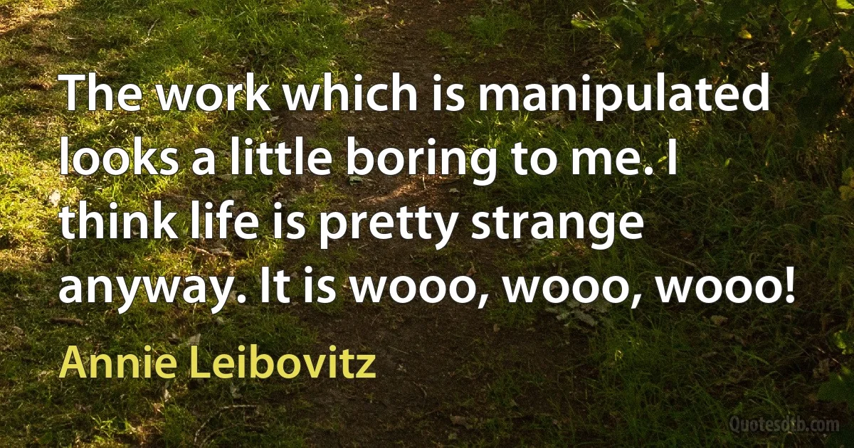 The work which is manipulated looks a little boring to me. I think life is pretty strange anyway. It is wooo, wooo, wooo! (Annie Leibovitz)