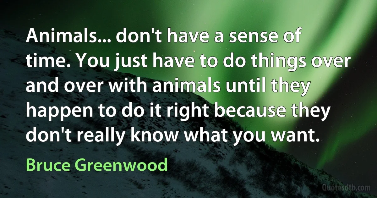 Animals... don't have a sense of time. You just have to do things over and over with animals until they happen to do it right because they don't really know what you want. (Bruce Greenwood)