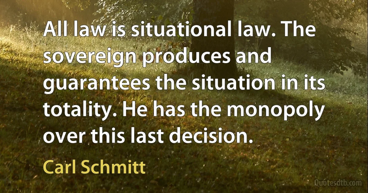 All law is situational law. The sovereign produces and guarantees the situation in its totality. He has the monopoly over this last decision. (Carl Schmitt)