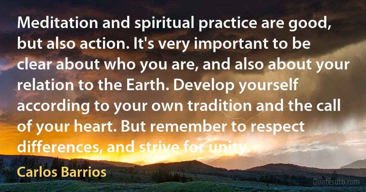 Meditation and spiritual practice are good, but also action. It's very important to be clear about who you are, and also about your relation to the Earth. Develop yourself according to your own tradition and the call of your heart. But remember to respect differences, and strive for unity. (Carlos Barrios)