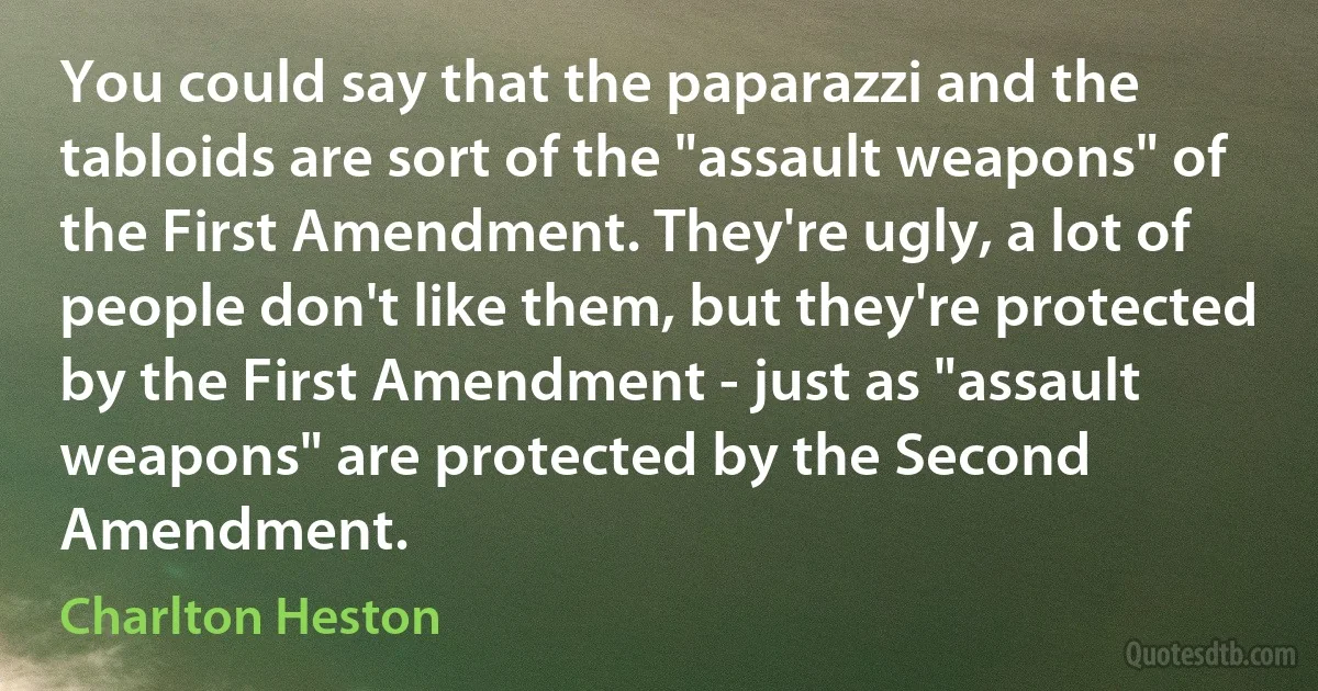 You could say that the paparazzi and the tabloids are sort of the "assault weapons" of the First Amendment. They're ugly, a lot of people don't like them, but they're protected by the First Amendment - just as "assault weapons" are protected by the Second Amendment. (Charlton Heston)