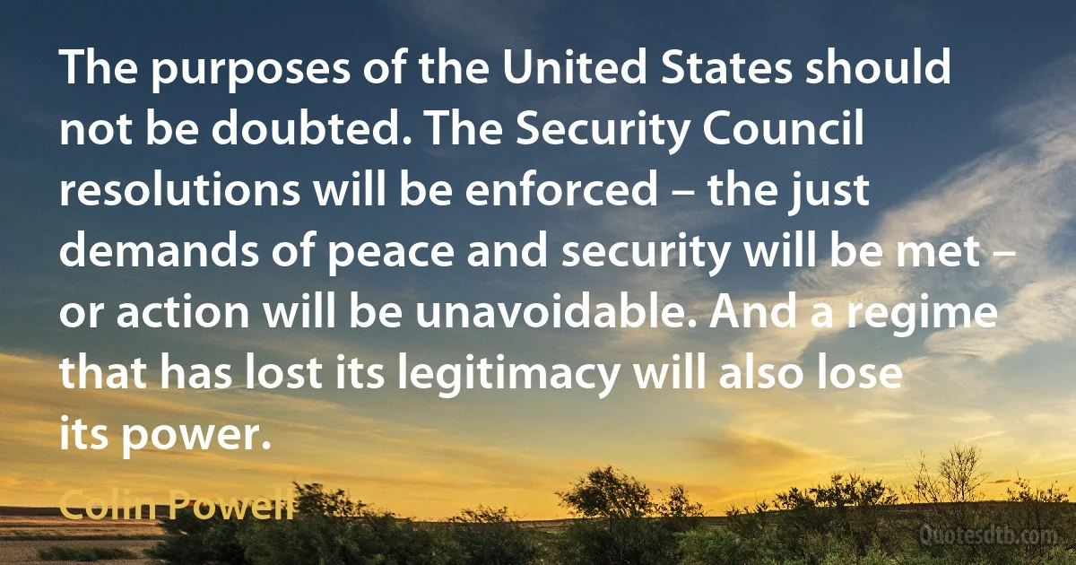 The purposes of the United States should not be doubted. The Security Council resolutions will be enforced – the just demands of peace and security will be met – or action will be unavoidable. And a regime that has lost its legitimacy will also lose its power. (Colin Powell)