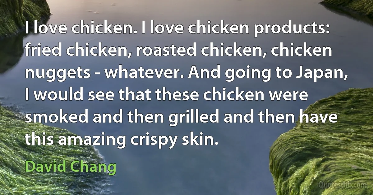 I love chicken. I love chicken products: fried chicken, roasted chicken, chicken nuggets - whatever. And going to Japan, I would see that these chicken were smoked and then grilled and then have this amazing crispy skin. (David Chang)