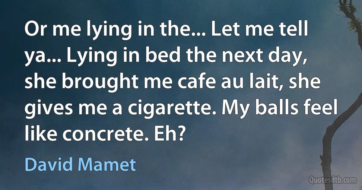 Or me lying in the... Let me tell ya... Lying in bed the next day, she brought me cafe au lait, she gives me a cigarette. My balls feel like concrete. Eh? (David Mamet)