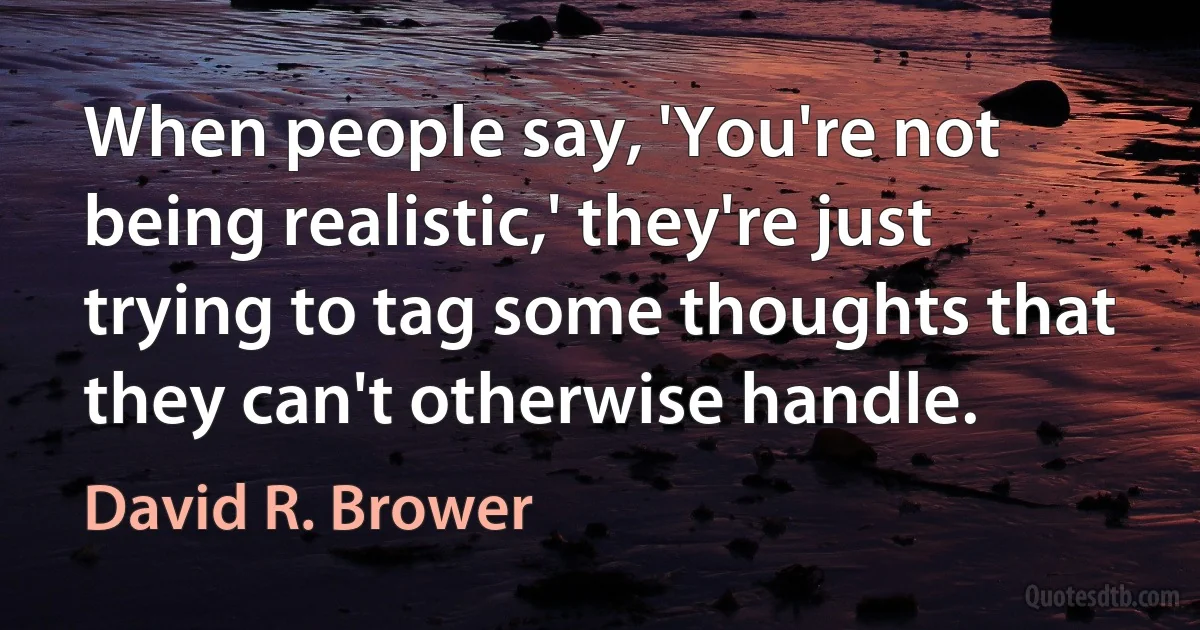 When people say, 'You're not being realistic,' they're just trying to tag some thoughts that they can't otherwise handle. (David R. Brower)