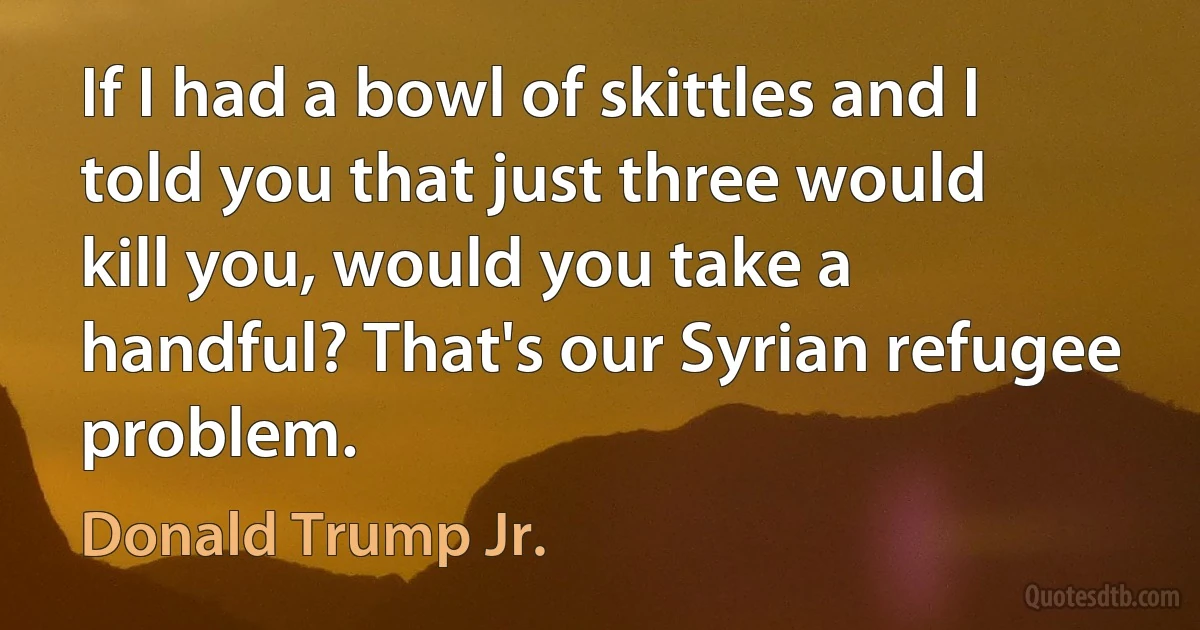 If I had a bowl of skittles and I told you that just three would kill you, would you take a handful? That's our Syrian refugee problem. (Donald Trump Jr.)