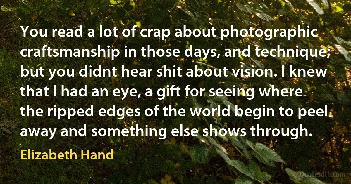 You read a lot of crap about photographic craftsmanship in those days, and technique; but you didnt hear shit about vision. I knew that I had an eye, a gift for seeing where the ripped edges of the world begin to peel away and something else shows through. (Elizabeth Hand)