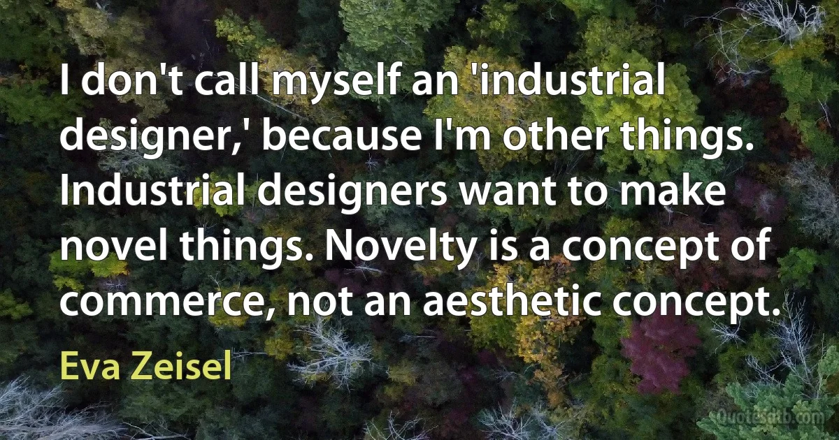 I don't call myself an 'industrial designer,' because I'm other things. Industrial designers want to make novel things. Novelty is a concept of commerce, not an aesthetic concept. (Eva Zeisel)