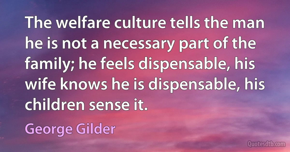 The welfare culture tells the man he is not a necessary part of the family; he feels dispensable, his wife knows he is dispensable, his children sense it. (George Gilder)