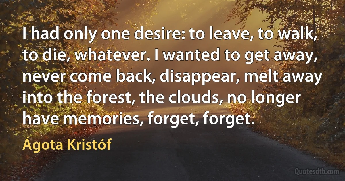 I had only one desire: to leave, to walk, to die, whatever. I wanted to get away, never come back, disappear, melt away into the forest, the clouds, no longer have memories, forget, forget. (Ágota Kristóf)