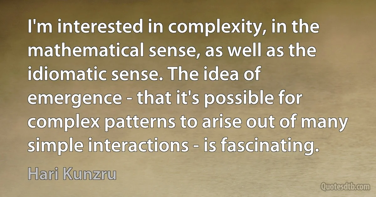 I'm interested in complexity, in the mathematical sense, as well as the idiomatic sense. The idea of emergence - that it's possible for complex patterns to arise out of many simple interactions - is fascinating. (Hari Kunzru)