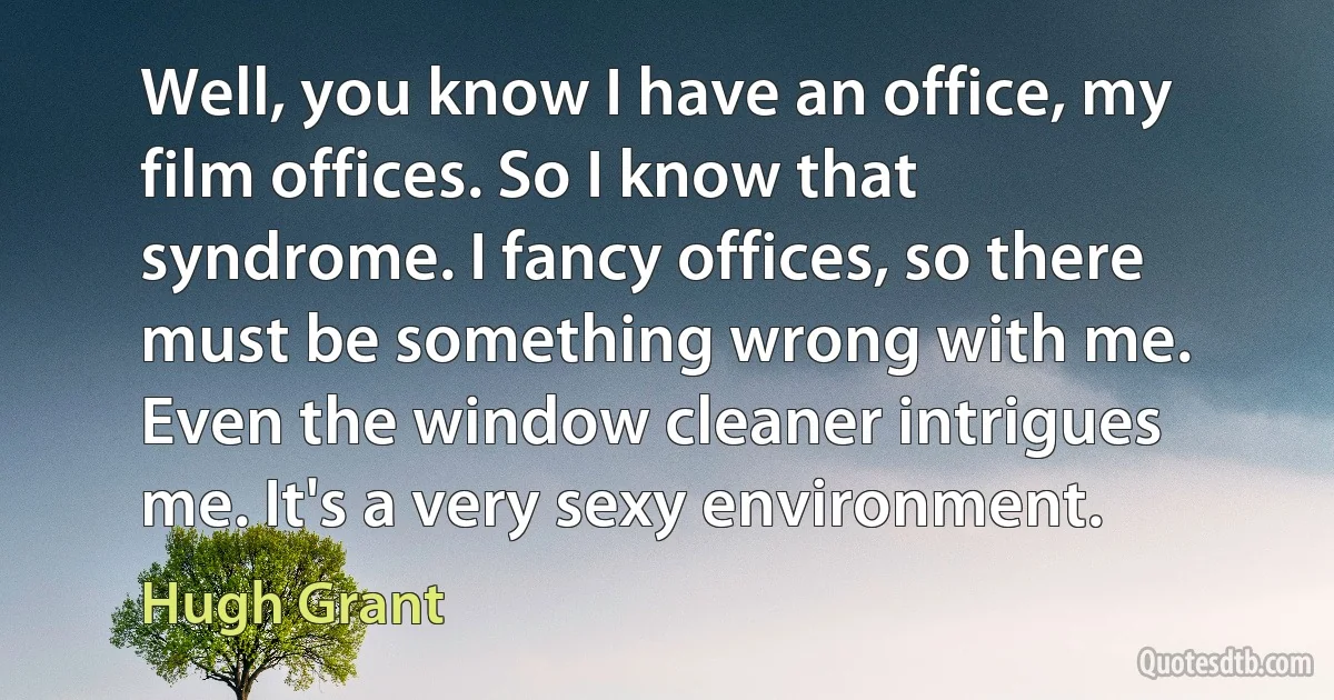 Well, you know I have an office, my film offices. So I know that syndrome. I fancy offices, so there must be something wrong with me. Even the window cleaner intrigues me. It's a very sexy environment. (Hugh Grant)