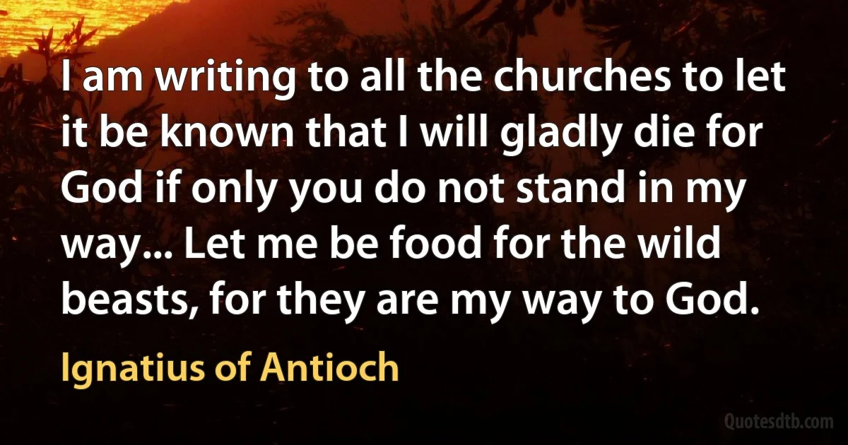 I am writing to all the churches to let it be known that I will gladly die for God if only you do not stand in my way... Let me be food for the wild beasts, for they are my way to God. (Ignatius of Antioch)