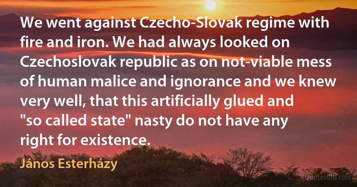 We went against Czecho-Slovak regime with fire and iron. We had always looked on Czechoslovak republic as on not-viable mess of human malice and ignorance and we knew very well, that this artificially glued and "so called state" nasty do not have any right for existence. (János Esterházy)