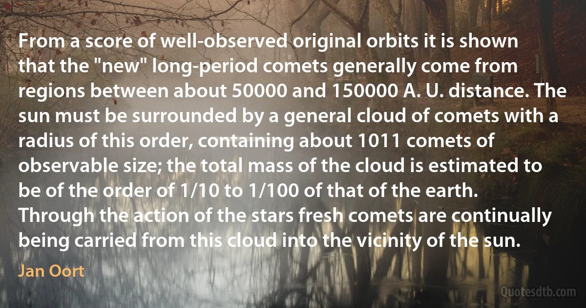 From a score of well-observed original orbits it is shown that the "new" long-period comets generally come from regions between about 50000 and 150000 A. U. distance. The sun must be surrounded by a general cloud of comets with a radius of this order, containing about 1011 comets of observable size; the total mass of the cloud is estimated to be of the order of 1/10 to 1/100 of that of the earth. Through the action of the stars fresh comets are continually being carried from this cloud into the vicinity of the sun. (Jan Oort)