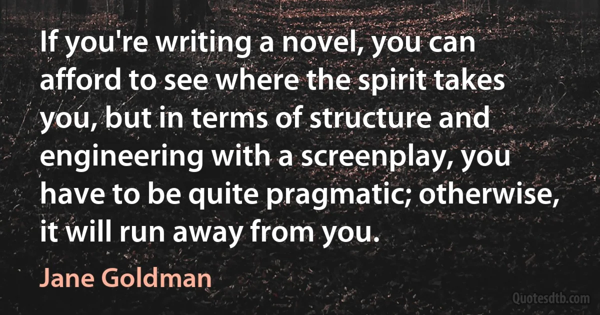 If you're writing a novel, you can afford to see where the spirit takes you, but in terms of structure and engineering with a screenplay, you have to be quite pragmatic; otherwise, it will run away from you. (Jane Goldman)