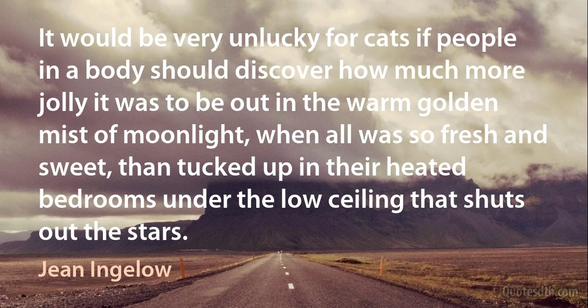 It would be very unlucky for cats if people in a body should discover how much more jolly it was to be out in the warm golden mist of moonlight, when all was so fresh and sweet, than tucked up in their heated bedrooms under the low ceiling that shuts out the stars. (Jean Ingelow)