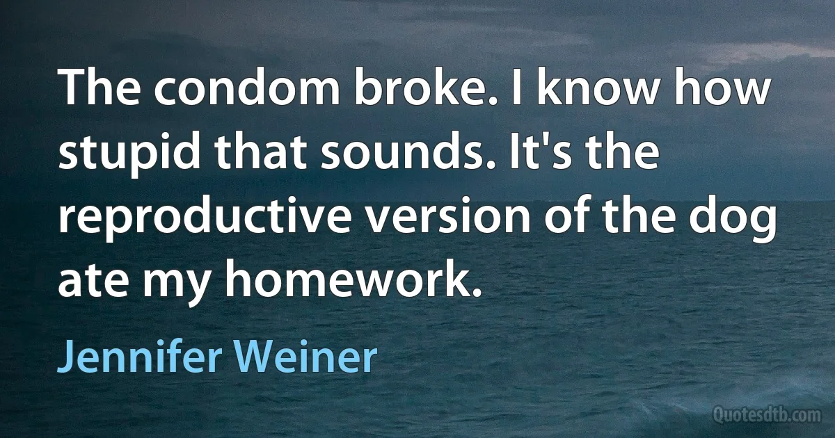 The condom broke. I know how stupid that sounds. It's the reproductive version of the dog ate my homework. (Jennifer Weiner)