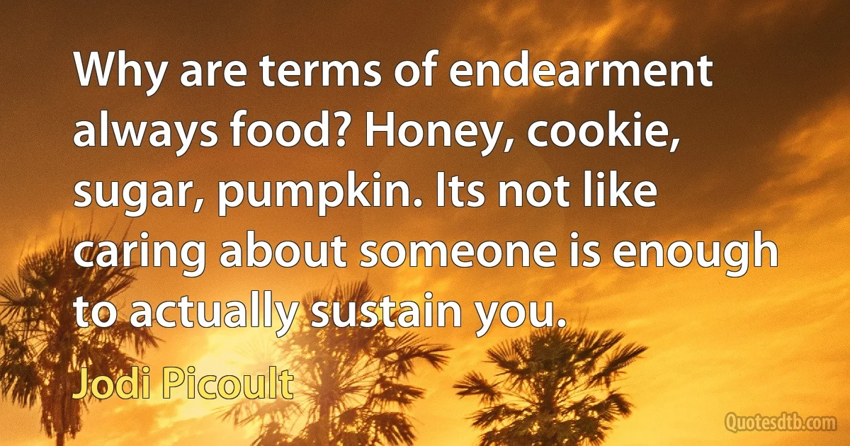 Why are terms of endearment always food? Honey, cookie, sugar, pumpkin. Its not like caring about someone is enough to actually sustain you. (Jodi Picoult)