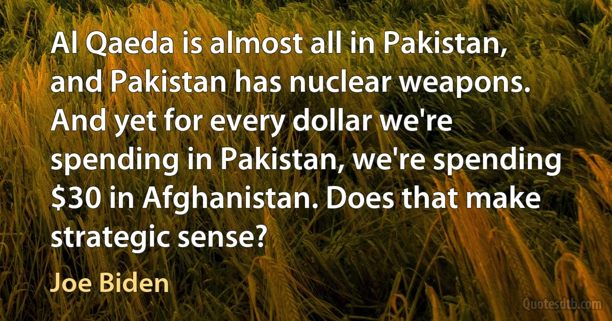 Al Qaeda is almost all in Pakistan, and Pakistan has nuclear weapons. And yet for every dollar we're spending in Pakistan, we're spending $30 in Afghanistan. Does that make strategic sense? (Joe Biden)