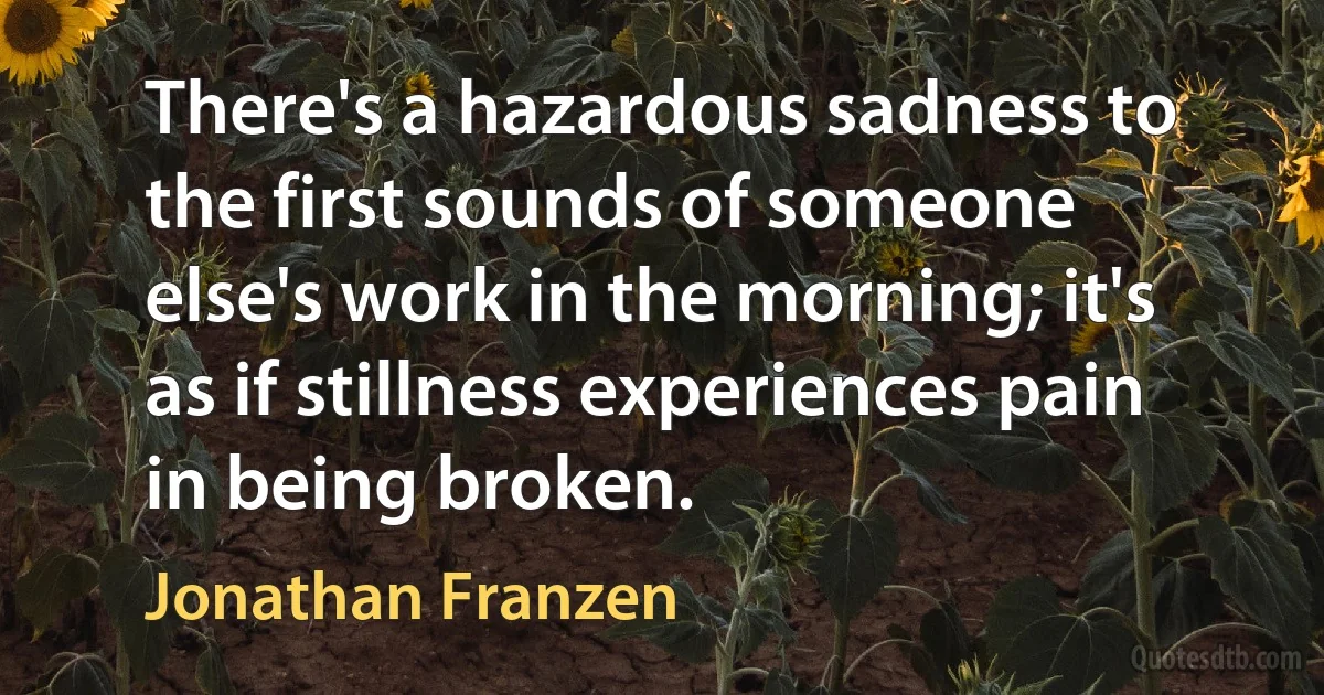 There's a hazardous sadness to the first sounds of someone else's work in the morning; it's as if stillness experiences pain in being broken. (Jonathan Franzen)