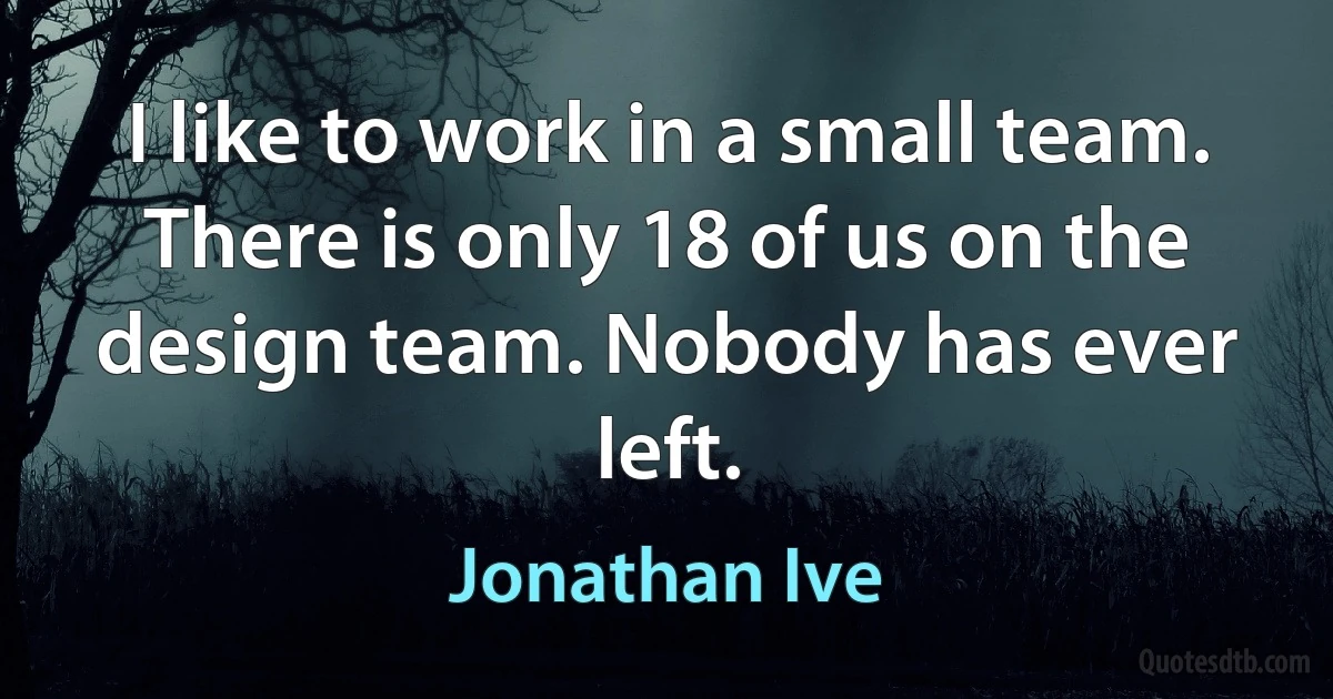 I like to work in a small team. There is only 18 of us on the design team. Nobody has ever left. (Jonathan Ive)