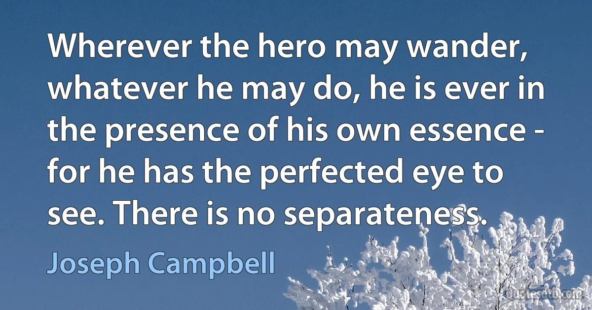 Wherever the hero may wander, whatever he may do, he is ever in the presence of his own essence - for he has the perfected eye to see. There is no separateness. (Joseph Campbell)