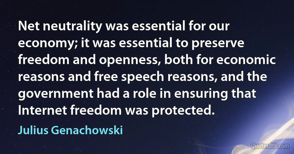 Net neutrality was essential for our economy; it was essential to preserve freedom and openness, both for economic reasons and free speech reasons, and the government had a role in ensuring that Internet freedom was protected. (Julius Genachowski)