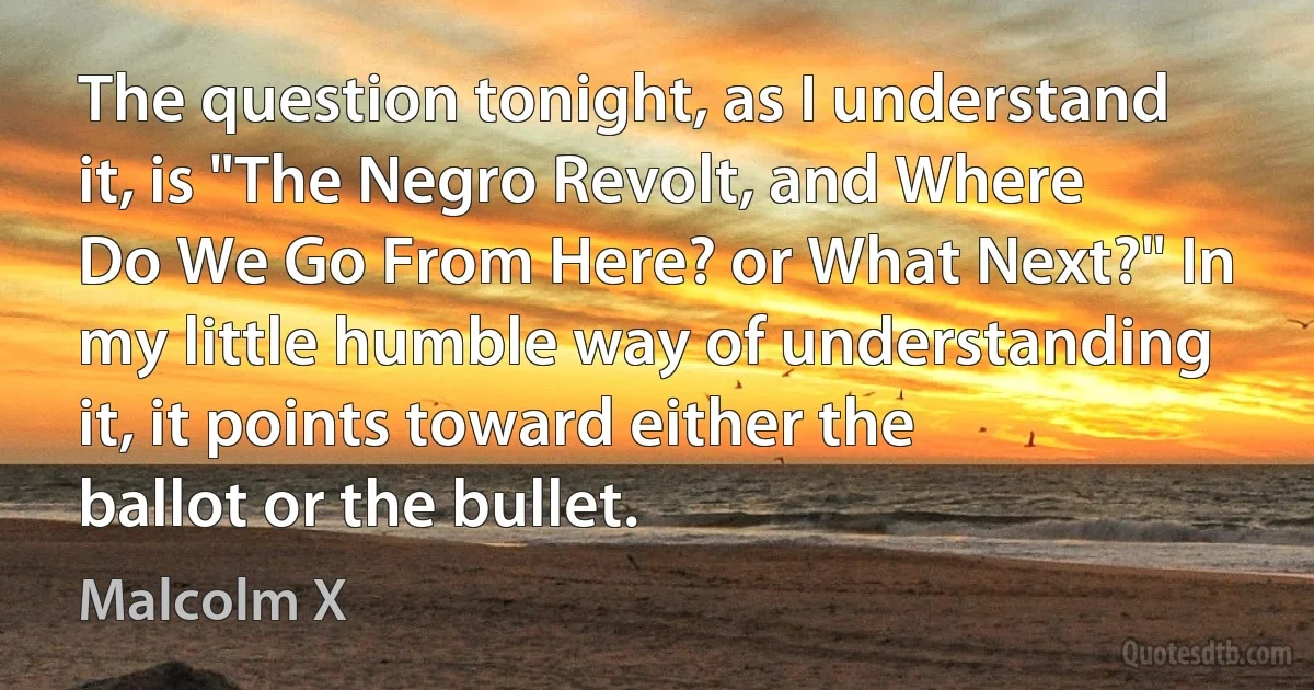 The question tonight, as I understand it, is "The Negro Revolt, and Where Do We Go From Here? or What Next?" In my little humble way of understanding it, it points toward either the ballot or the bullet. (Malcolm X)