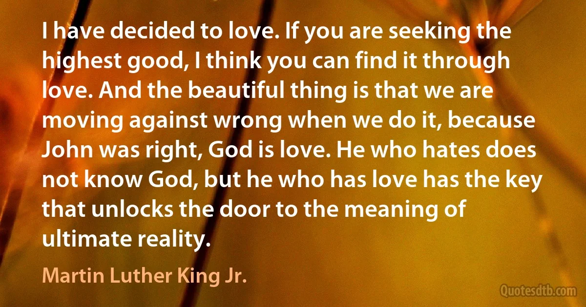 I have decided to love. If you are seeking the highest good, I think you can find it through love. And the beautiful thing is that we are moving against wrong when we do it, because John was right, God is love. He who hates does not know God, but he who has love has the key that unlocks the door to the meaning of ultimate reality. (Martin Luther King Jr.)