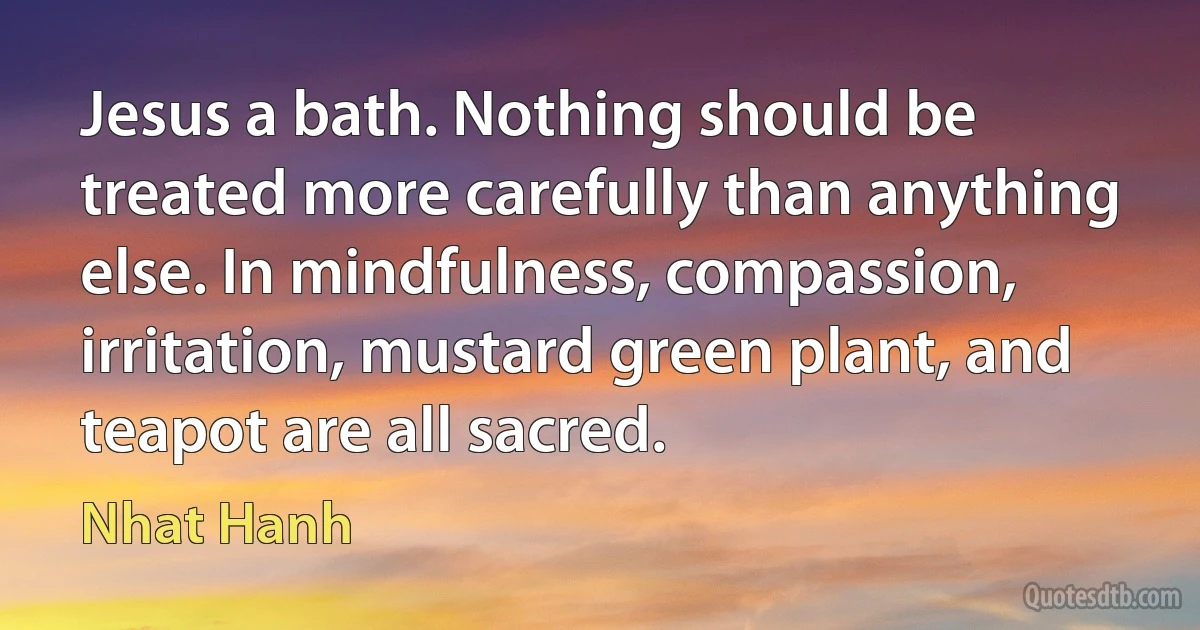 Jesus a bath. Nothing should be treated more carefully than anything else. In mindfulness, compassion, irritation, mustard green plant, and teapot are all sacred. (Nhat Hanh)