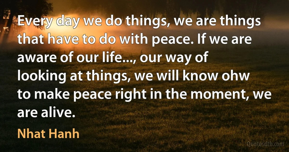 Every day we do things, we are things that have to do with peace. If we are aware of our life..., our way of looking at things, we will know ohw to make peace right in the moment, we are alive. (Nhat Hanh)