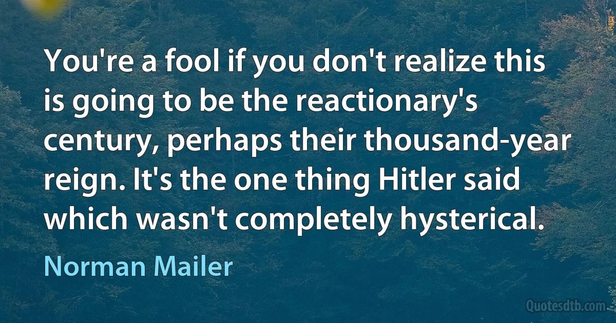 You're a fool if you don't realize this is going to be the reactionary's century, perhaps their thousand-year reign. It's the one thing Hitler said which wasn't completely hysterical. (Norman Mailer)