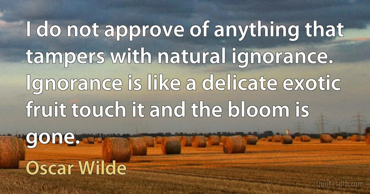 I do not approve of anything that tampers with natural ignorance. Ignorance is like a delicate exotic fruit touch it and the bloom is gone. (Oscar Wilde)