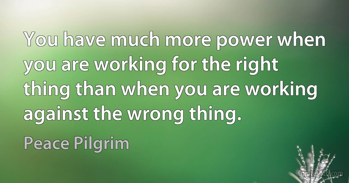 You have much more power when you are working for the right thing than when you are working against the wrong thing. (Peace Pilgrim)