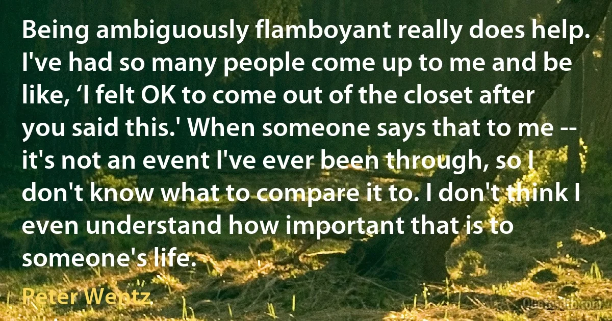 Being ambiguously flamboyant really does help. I've had so many people come up to me and be like, ‘I felt OK to come out of the closet after you said this.' When someone says that to me -- it's not an event I've ever been through, so I don't know what to compare it to. I don't think I even understand how important that is to someone's life. (Peter Wentz)