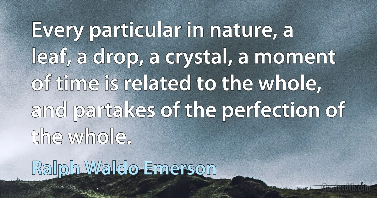 Every particular in nature, a leaf, a drop, a crystal, a moment of time is related to the whole, and partakes of the perfection of the whole. (Ralph Waldo Emerson)