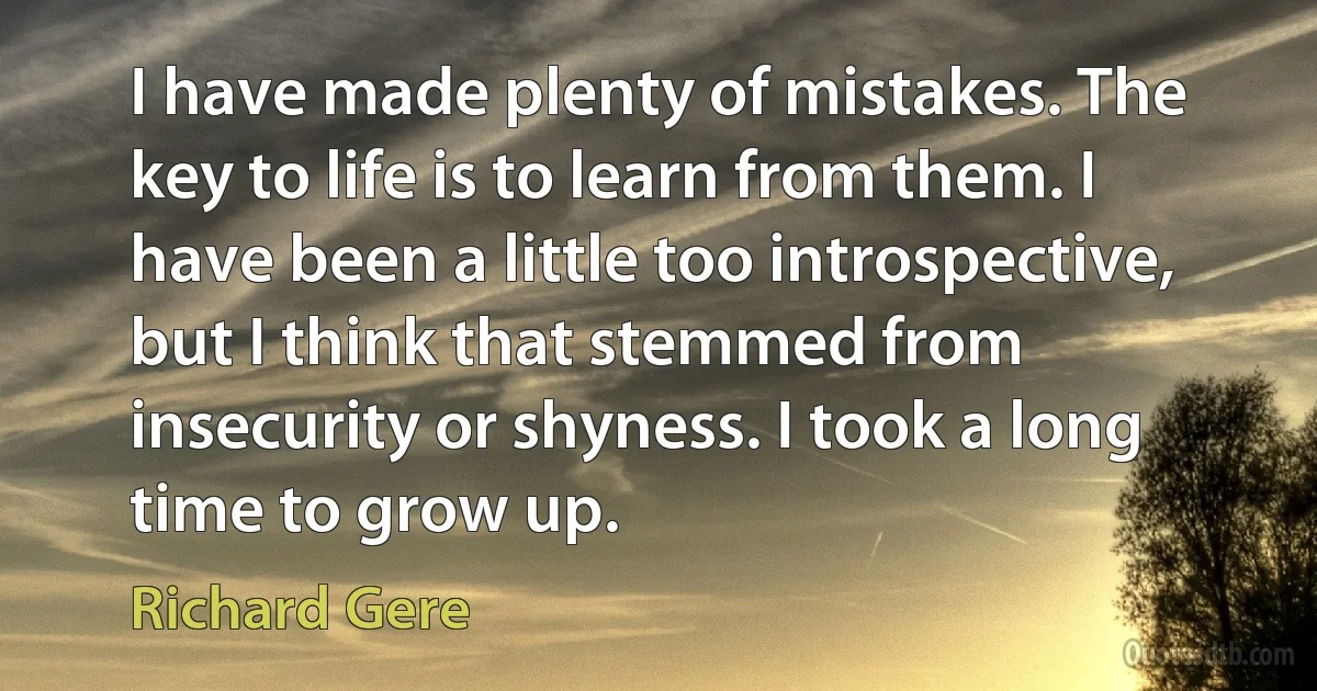 I have made plenty of mistakes. The key to life is to learn from them. I have been a little too introspective, but I think that stemmed from insecurity or shyness. I took a long time to grow up. (Richard Gere)