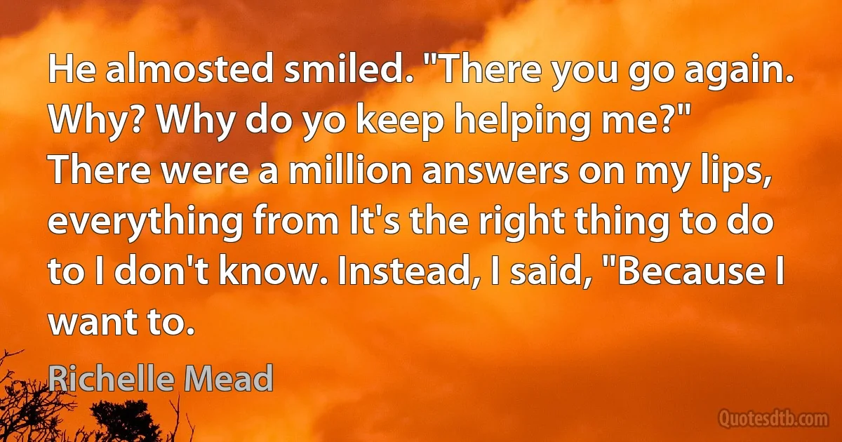 He almosted smiled. "There you go again. Why? Why do yo keep helping me?"
There were a million answers on my lips, everything from It's the right thing to do to I don't know. Instead, I said, "Because I want to. (Richelle Mead)