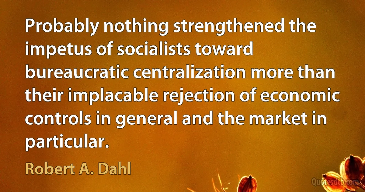 Probably nothing strengthened the impetus of socialists toward bureaucratic centralization more than their implacable rejection of economic controls in general and the market in particular. (Robert A. Dahl)