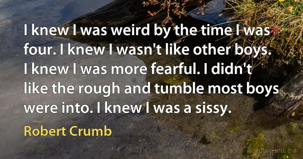 I knew I was weird by the time I was four. I knew I wasn't like other boys. I knew I was more fearful. I didn't like the rough and tumble most boys were into. I knew I was a sissy. (Robert Crumb)