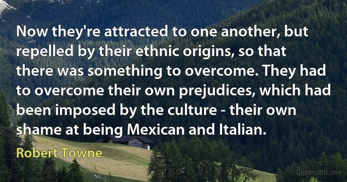 Now they're attracted to one another, but repelled by their ethnic origins, so that there was something to overcome. They had to overcome their own prejudices, which had been imposed by the culture - their own shame at being Mexican and Italian. (Robert Towne)