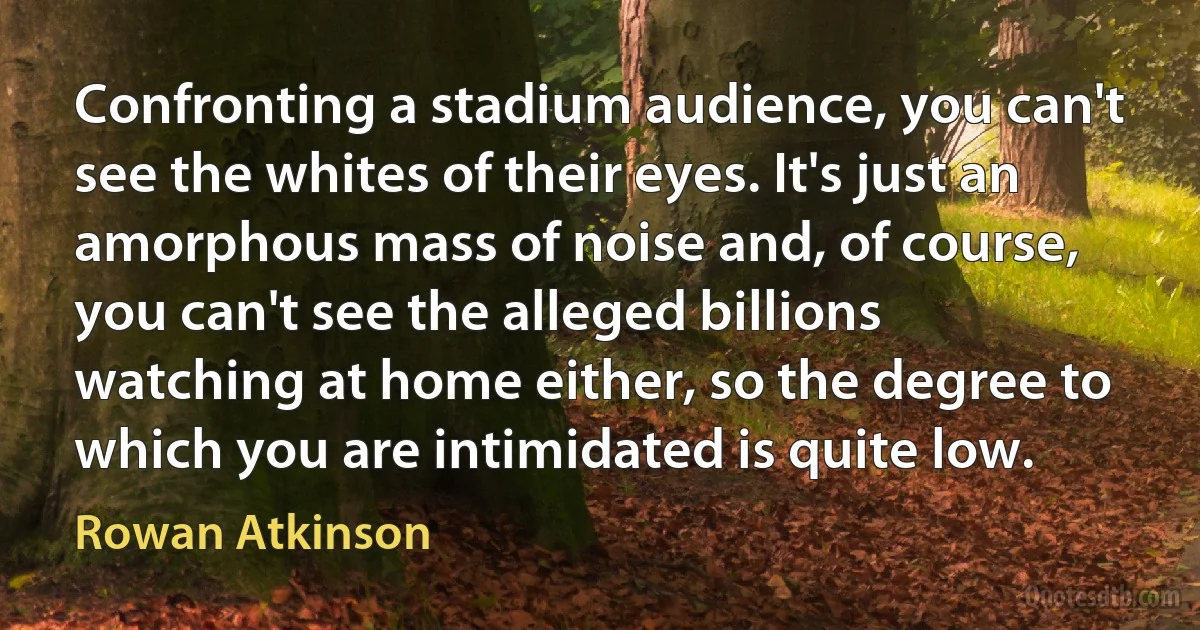 Confronting a stadium audience, you can't see the whites of their eyes. It's just an amorphous mass of noise and, of course, you can't see the alleged billions watching at home either, so the degree to which you are intimidated is quite low. (Rowan Atkinson)