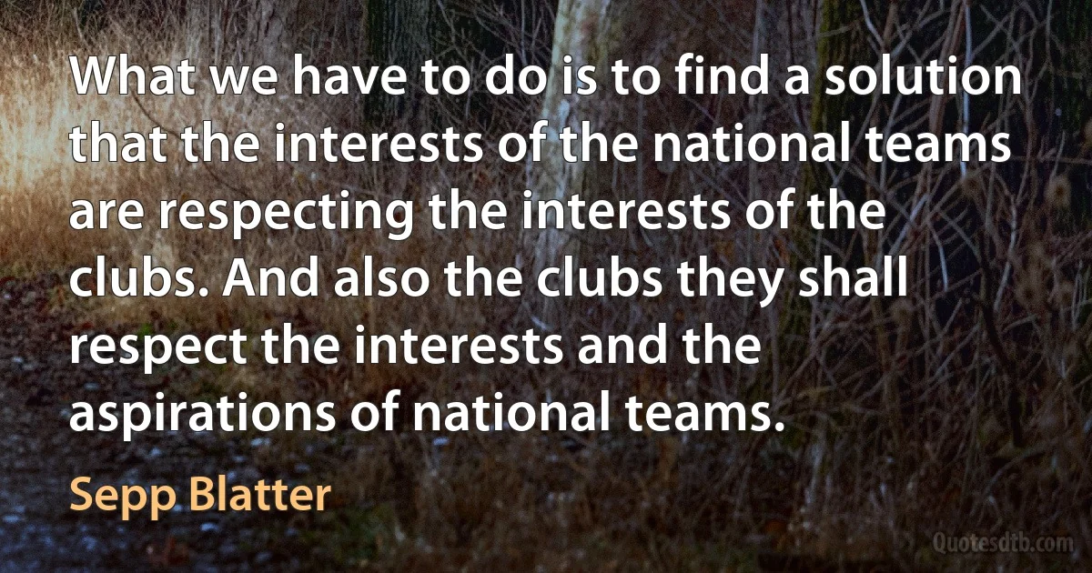 What we have to do is to find a solution that the interests of the national teams are respecting the interests of the clubs. And also the clubs they shall respect the interests and the aspirations of national teams. (Sepp Blatter)