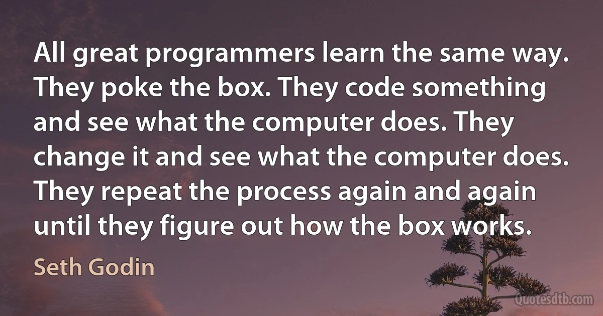 All great programmers learn the same way. They poke the box. They code something and see what the computer does. They change it and see what the computer does. They repeat the process again and again until they figure out how the box works. (Seth Godin)