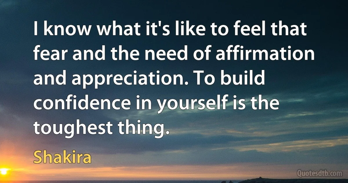 I know what it's like to feel that fear and the need of affirmation and appreciation. To build confidence in yourself is the toughest thing. (Shakira)