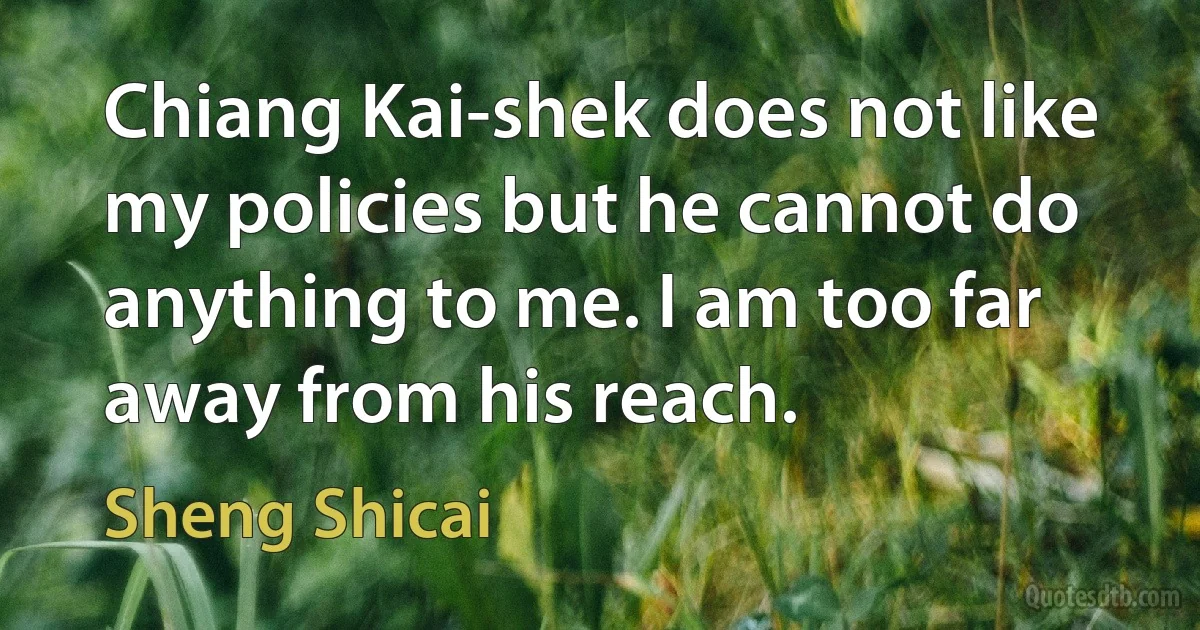 Chiang Kai-shek does not like my policies but he cannot do anything to me. I am too far away from his reach. (Sheng Shicai)