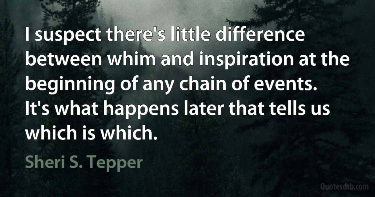 I suspect there's little difference between whim and inspiration at the beginning of any chain of events. It's what happens later that tells us which is which. (Sheri S. Tepper)