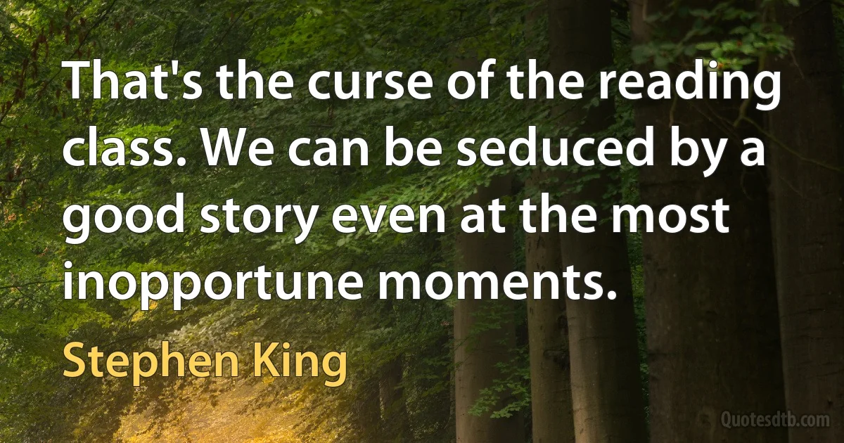 That's the curse of the reading class. We can be seduced by a good story even at the most inopportune moments. (Stephen King)