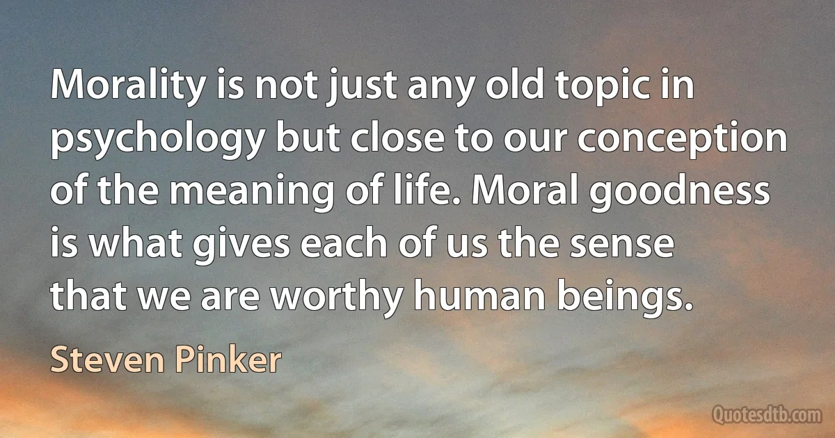 Morality is not just any old topic in psychology but close to our conception of the meaning of life. Moral goodness is what gives each of us the sense that we are worthy human beings. (Steven Pinker)